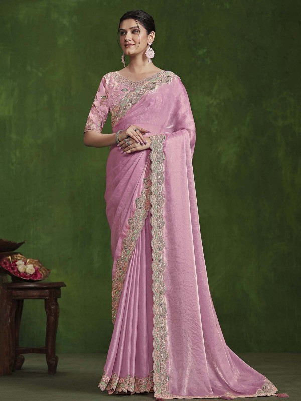 Pink Two Tone Satin Silk Saree With Stitched Blouse